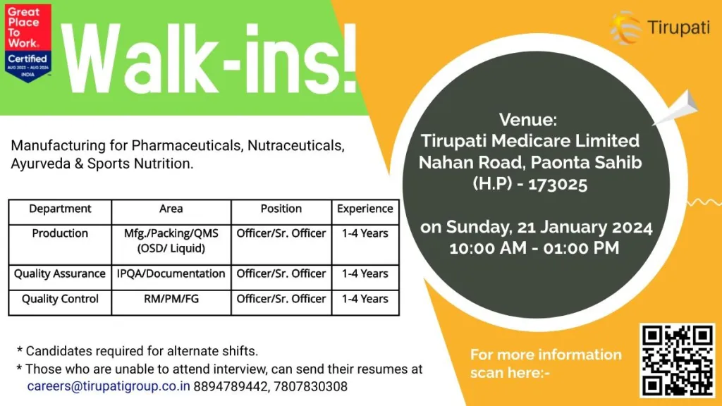 Tirupati Medicare Ltd - Walk-In Interviews on 21st Jan 2024 for Production, QC, QA